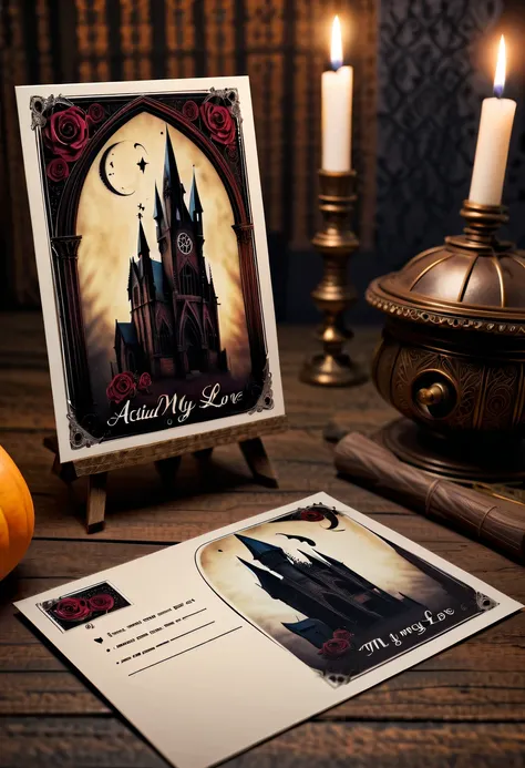 Best quality,8K,A high resolution,tmasterpiece:1.2,(actual:1.37),(Postcard with gothic magic on the front:1.3)，(The reverse side  a postcard in envelope format..:1.1)，(Write magical words your my love on postcard free":1.2)，cardboard postcard，simplebackgro...