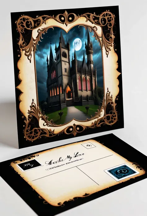 Best quality,8K,A high resolution,tmasterpiece:1.2,(actual:1.37),(Postcard with gothic magic on the front:1.3)，(The reverse side  a postcard in envelope format..:1.1)，(Write magical words your my love on postcard free":1.2)，cardboard postcard，simplebackgro...