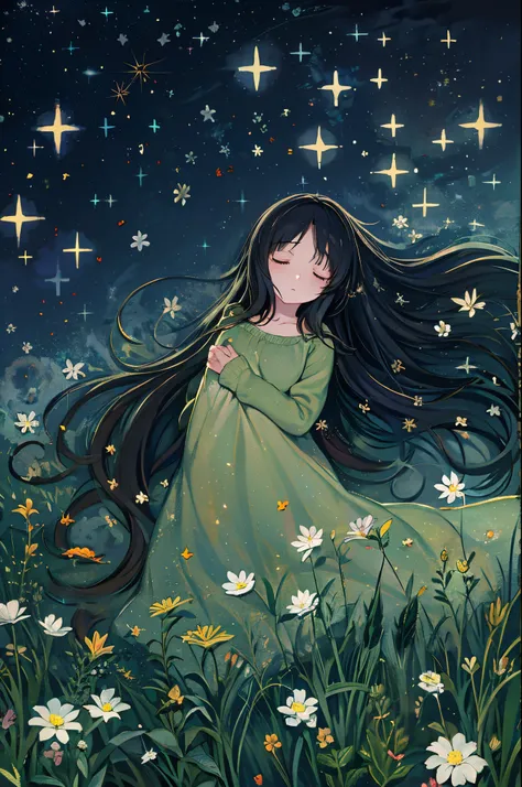 tiny girl, Flowers, Sleeping, Long Black Hair, Night, Starry sky