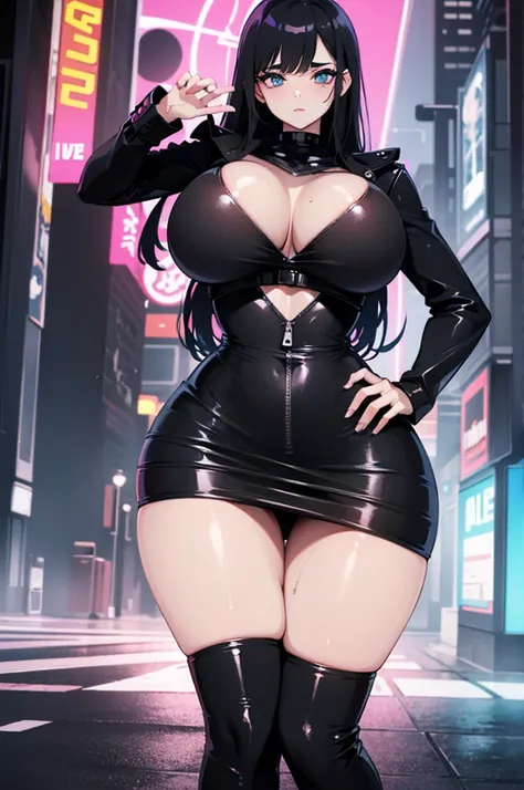 Uma jovem mulher com grandes seins, Elle has a sexy and sassy combination. Ela tem longos cabelos rosa, des gants rosas. Background with neon lights, Estilo de arte cyberpunk. UHD, Super Detalhe, best quality, 8k