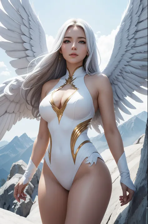 8K,White wings on the back,Arafe poses in front of a mountain wearing a white and gold exterior., small breasts(Like the real thing)personification of the white firebird,Golden eyes,real looking skin,A sexy,artgerm julie bell beeple, very detailed Artgerm,...