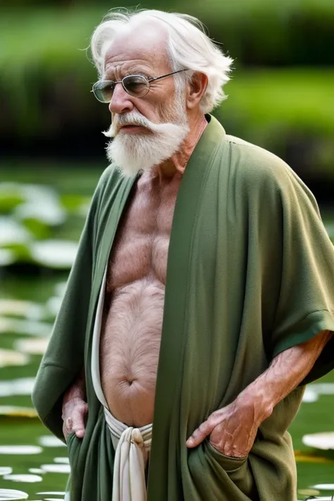 an elder with a long beard and white hair, with a serene face wrinkles, looking producing, body older weak, skinny bones hairy, ...