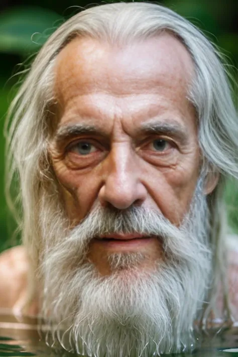 An elder with a long beard and white hair, with a serene face wrinkles, looking producing, body older weak, skinny bones hairy, body naked, his shirt was open to reveal his stomach wrinkles older hairy weak and chest, arms legs neck hands feet skinny old a...