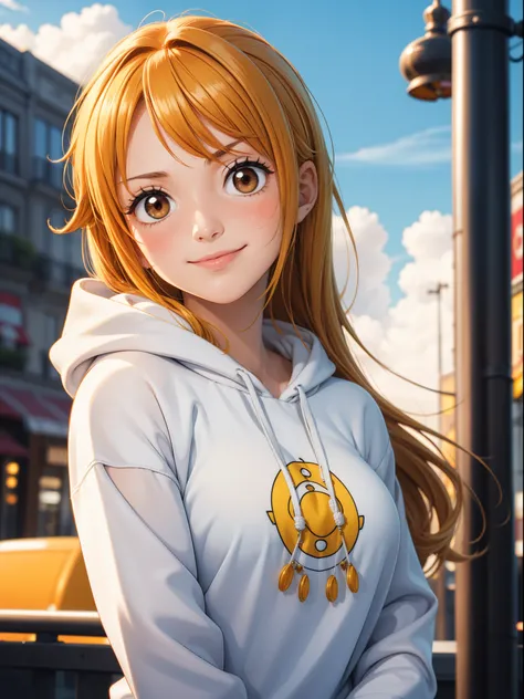 Masterpiece, ultra-detailed, upper body, 1girl, solo, Nami from one piece,very light orange and yellowish haired girl,beautiful brown eyes, blushing cheeks,in a clouds in the sky smiling at the viewer, blushing on the cheek with a free hair . She should be...