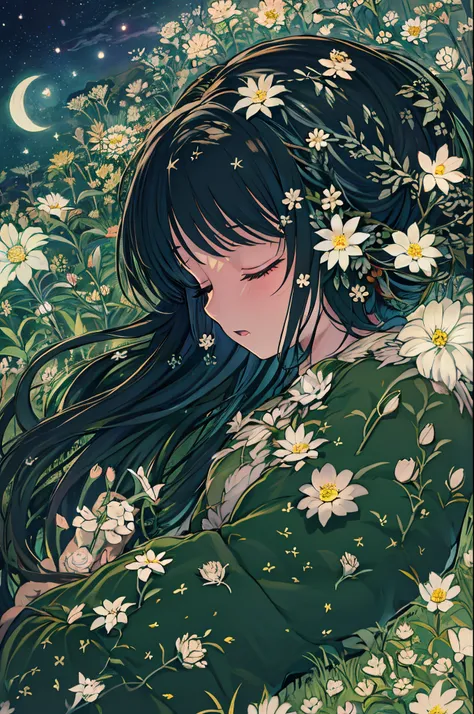 tiny girl, Flowers, Sleeping, Long Black Hair, Night, Starry sky