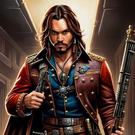 a portrait of a Warhammer 40k rogue trader in a painter style inspired by Han Solo, jack sparrow, keith richards.