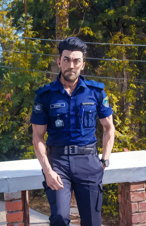 tall strong man, muscular male, short black hair, police hat, police uniform, kevlar vest, long sleeves, blue hat, blue shirt un...