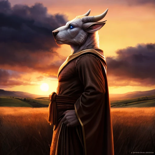 portrait bull wearing brown armored robes, side view, grasslands background, sunset, clouds in the sky, photorealistic, highly detailed, intricate lighting, 8K, medium-length horns, blue eyes, human-like eyes, white furred body,