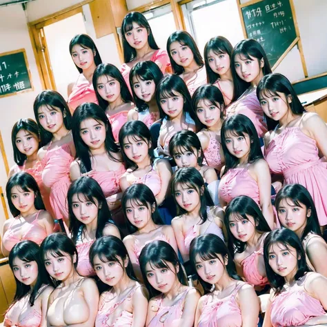 Raw photo、(((multiple girls))),((((6+girls)))),((((10girls)))),((((Infant body type))))、((((10 girls))))、((((Gigantic Breasts))))、Women only、The same face、matching school uniform、6 years old、Long black hair、10 cute girls、a smile、elementary student、((‎Class...