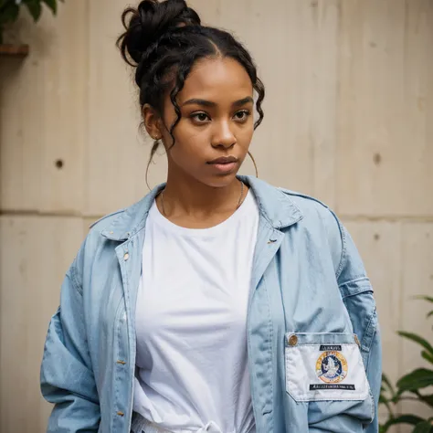 A Black woman with thick hair tied up in a big bun. Wearing a white t-shirt and an old windbreaker with patches and pockets on the sleeve.