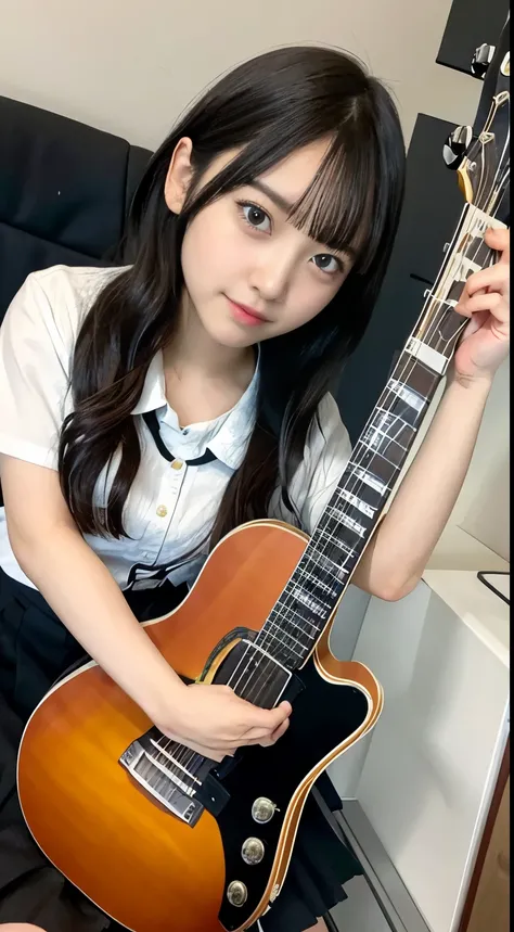 Masterpiece,high quality, schoolgirl,black short hair, messy hair,black serafuku,sitting on chair, very disgusting look, (guitar:1.5) ,crowd,classroom