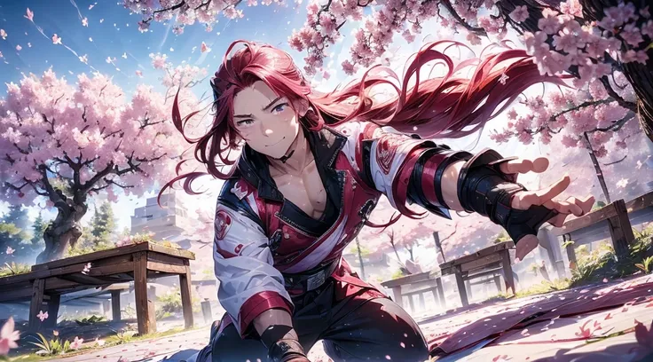 (((One man))) [[[cherry blossom]]] a long red hair samurai in a fight position, training and practicing by himself, alone under this gorgeous Cherry Blossom tree. Wind  taking all the leafs [[[cherry blossom leafs are falling from the tree]]] (((beautiful ...