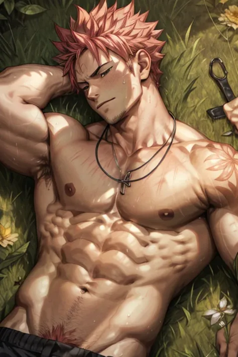 Muscular Natsu Dragneel laying down on flowers and grass, relaxed expression, tattoo on chest, naked penis , muscular pecs and washboard abs, sweating heavily, wristwatch, necklace, green leaves on ground, detailed scene, good contrast,