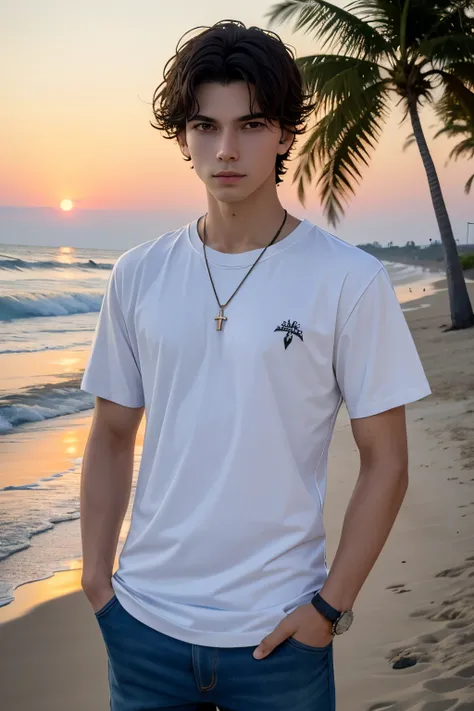 (masterpiece, best quality:1.3)
Sebastian2Evil, solo, shirt, 1boy, at the beach, casual clothing, palm trees, sundown