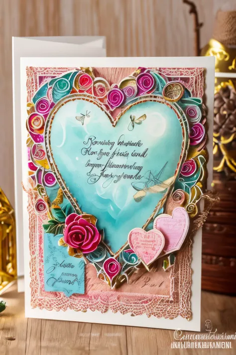 Best quality at best,8K,A high resolution,tmasterpiece:1.2,(actual:1.37),Beautiful greeting cards，postcard，letter with heart picture，In bold font "Bless your lover"，  art style postcard，Detailed stamp，Full of lovesickness and blessings，Deeply missed，Emotio...