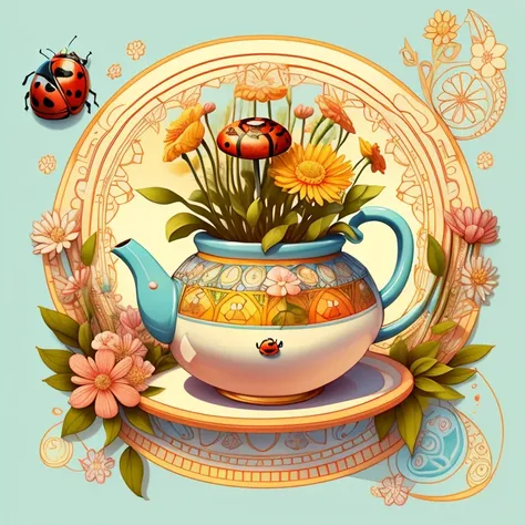 (jcute ladybug smiling with tea pot and flowers) Munchkin ,Geometric multidimensional wall portrait, livro de arte, Tchibi,
Yang08k, Beautiful, Colouring,
Obras, of the highest quality, best quality, Arte Oficial, Beautiful and Aesthetic,