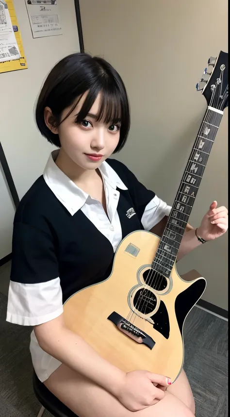 Masterpiece,high quality, schoolgirl,black short hair, messy hair,black serafuku,sitting on chair, very disgusting look, (guitar:1.2) ,crowd,classroom