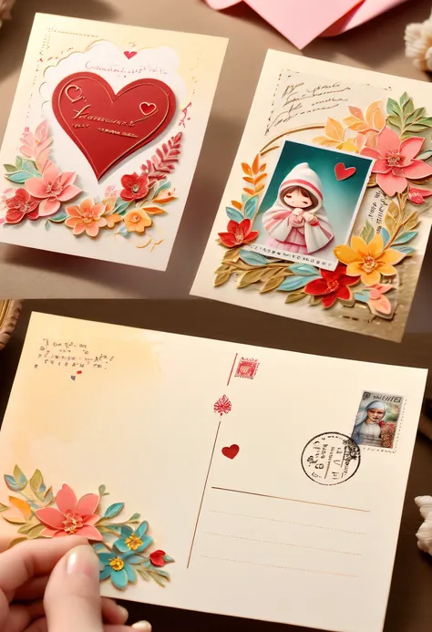 Best quality at best,8K,A high resolution,tmasterpiece:1.2,(actual,strength,photo imprint:1.37),postcard with stamp，mail，unfolding，  Art style postcard，Full of lovesickness,s,Premium:1.1,Colorful,cheerfulness,Handwritten style postcard,warm color,gentlesof...