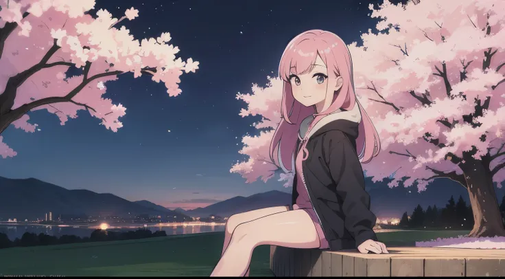 master piece, best quality, Draw a girl, pink hair, long, full body, sitting in front of the house, cherry trees in the background, night landscape