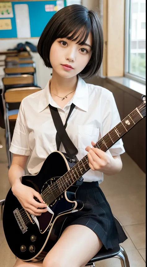 masterpiece,high quality, schoolgirl,black short hair, messy hair,black serafuku,sitting on chair, very disgusting look, (guitar...