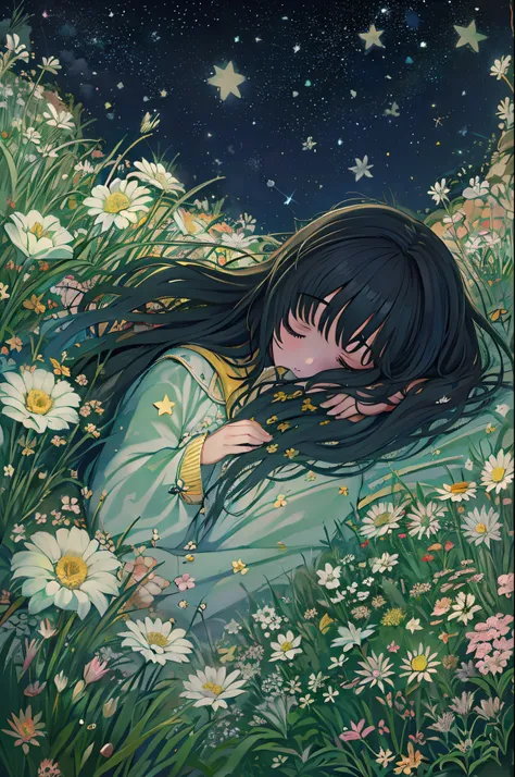 tiny girl, flowers, sleeping, long black hair, night, starry sky