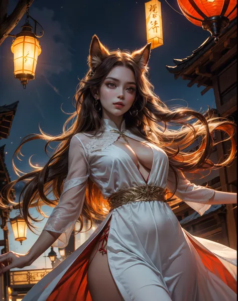 mysterious, elvish, (a perfect face:1.1), (high detail:1.1),Enigmatic, (graceful girl with fair skin, long flowing brown hair and fiery red eyes), (pale skin),  独奏, Long hair, luna, night time, blue luxury dress, plump scarlet lips, empty night city, Detai...