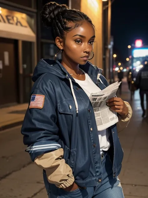 A Black woman with mocha skin tone and  thick hair tied up in a big bun. Wearing a t-shirt and an old navy blue windbreaker with patches and pockets on the sleeves. Looking at a newspaper on a city street at night.