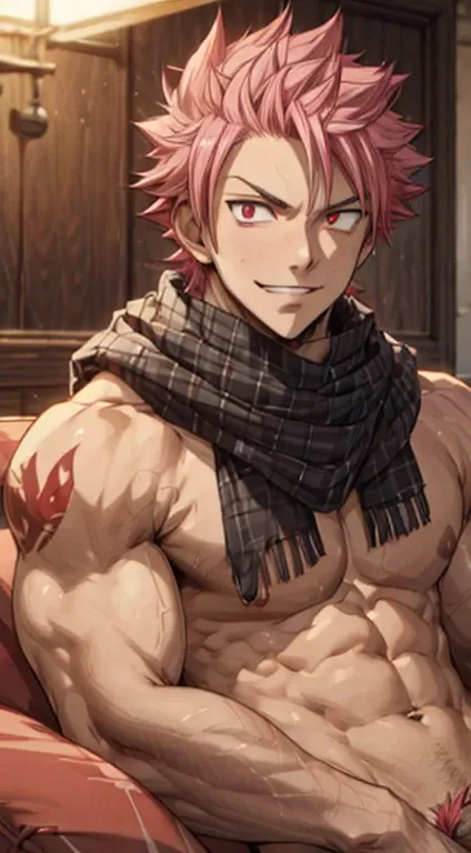 masterpiece, best quality red eyes, game cg, 1boy,  male solo, male focus, looking at viewer smiling widely, upper body, Natsu Dragneel natsu_dragneel, pink hair, red eyes, shirtless ((naked)), toned muscle, pectorals, 8 abs, toned legs, naked, slightly bu...