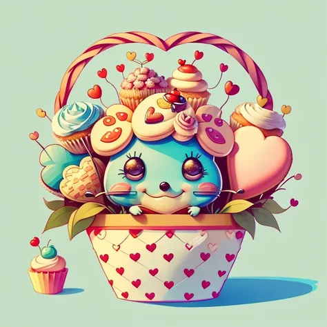 (cute ladybug smiling with basket of hearts and cupcakes) Munchkin ,Geometric multidimensional wall portrait, livro de arte, Tchibi,
Yang08k, Beautiful, Colouring,
Obras, of the highest quality, best quality, Arte Oficial, Beautiful and Aesthetic,