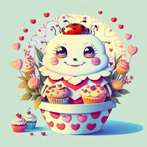 (cute ladybug smiling with basket of hearts and cupcakes) Munchkin ,Geometric multidimensional wall portrait, livro de arte, Tchibi,
Yang08k, Beautiful, Colouring,
Obras, of the highest quality, best quality, Arte Oficial, Beautiful and Aesthetic,