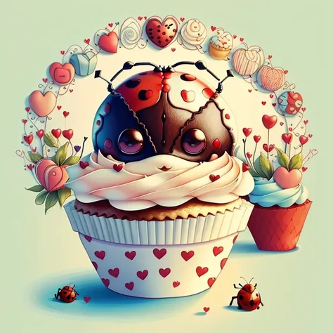 (cute red ladybug smiling with basket of hearts and cupcakes) Munchkin,Geometric multidimensional wall portrait, livro de arte, Tchibi,
Yang08k, Beautiful, Colouring,
Obras, of the highest quality, best quality, Arte Oficial, Beautiful and Aesthetic,