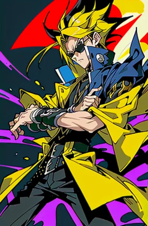 a man in a yellow coat and sunglasses next to another man, traje real de akira, gatilho estilo de arte de anime, guilty gear str...