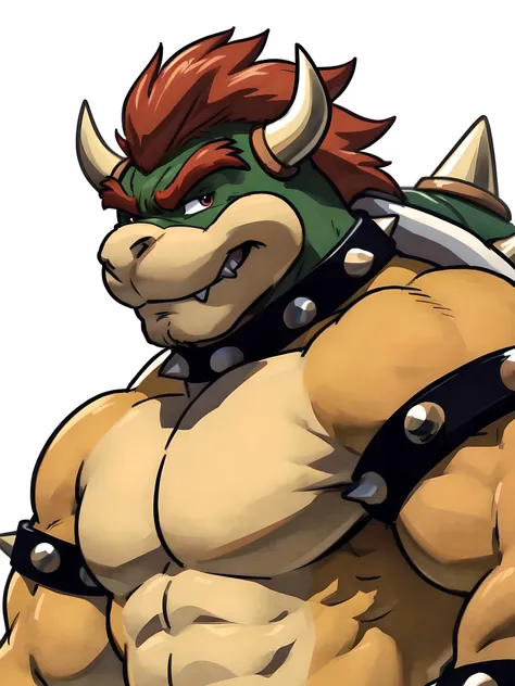 bowser, 4k, high resolution, best quality, posted on e621, solo, male, , masculine, pectorals, biceps, (white background, no bac...