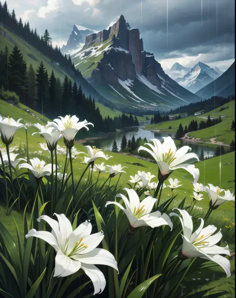 White lily in shining grass under bloody rain, White Lily, scarlet splashes, Juicy grass, dew, melancholy, lonely lily, gray mountainside, scarlet rain, sorrow