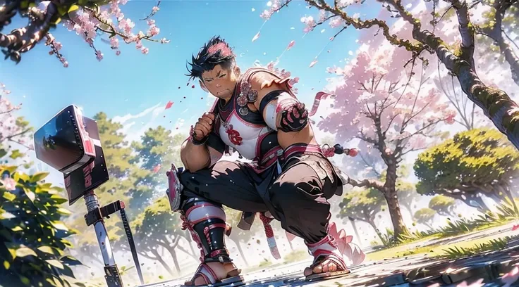 (((One man))) [[[cherry blossom]]] a Samurai in a fight position training and practicing by himself, alone under this gorgeous Cherry Blossom tree. Wind  taking all the leafs [[[cherry blossom leafs are falling from the tree]]] (((beautiful pink cherry blo...