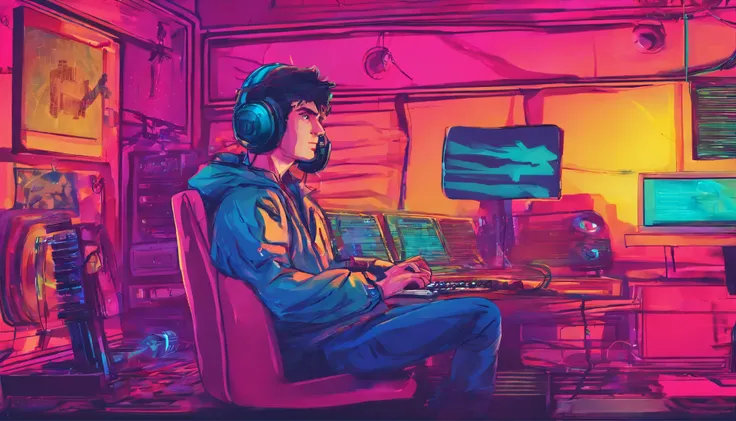 DJ in cozy room at night, Usando fones de ouvido, Anime estilo 2D, Lo-fi, disco Rigido, Ambiente escuro, frente a um computador, livros sobre a mesa, estudando, concentrado, profundidade, 4k, papel de parede, obra prima