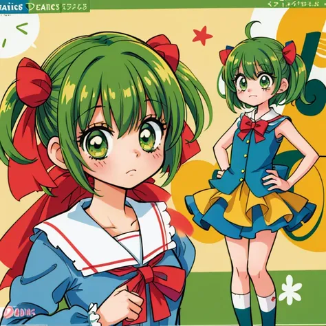 anime girl, manga style, 1girl, solo, green hair, magical girl, no expression, blank expression, neutral face, kuudere