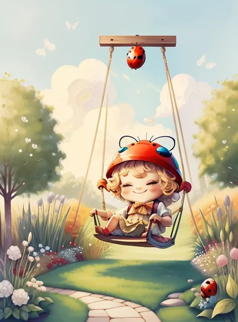 (cute red ladybug smiling in the garden with a swing) Munchkin ,Geometric multidimensional wall portrait, livro de arte, Tchibi,
Yang08k, Beautiful, Colouring,
Obras, of the highest quality, best quality, Arte Oficial, Beautiful and Aesthetic,