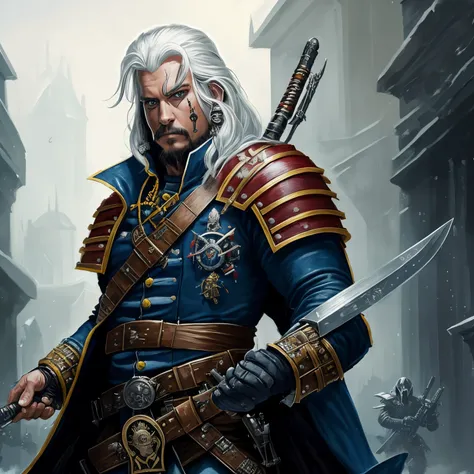 a portrait of a Warhammer 40k rogue trader in a painter style inspired by Han Solo, jack sparrow, keith richards. with white silver hair like game of thrones characters with bionic enhancements and tattoos