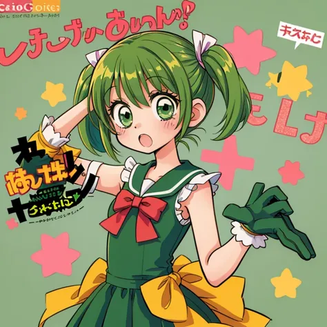 Anime girl, manga style, 1girl, solo, green hair, magical girl, no expression, blank expression, neutral face, kuudere, short hair, small pigtails, green eyes