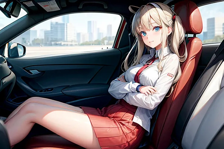 Anime girl sitting in a Tesla model 3 car