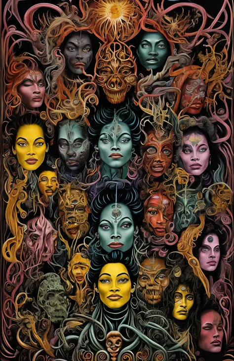 a painting of a group of people with faces painted on them, poster art, by leo and diane dillon, trending on zbrush central, psy...