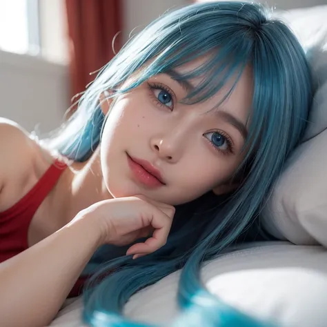 female student, Lie down in bed, looking at you, wear thin clothes, The kinky  exposed,exposing thighlue hair, lightblue hair, long whitr hair, crossed bangs, Hair over the shoulder, Hair flakes, hairflower, Moles under the eyes, eyeballs, Gradient eyes, W...