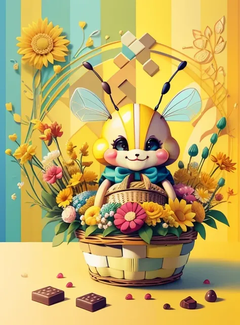 (cute yellow bee smiling with basket of chocolates and flowers) Munchkin ,Geometric multidimensional wall portrait, livro de arte, Tchibi,
Yang08k, Beautiful, Colouring,
Obras, of the highest quality, best quality, Arte Oficial, Beautiful and Aesthetic,