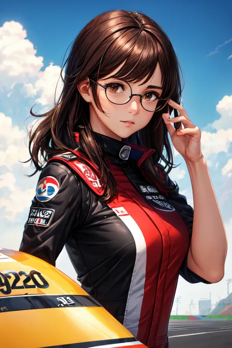 ((La mejor calidad)), ((Obra maestra)), (Detallado), Cara perfecta
dark brown hair, round glasses, drift, racer man, akagi background
8k