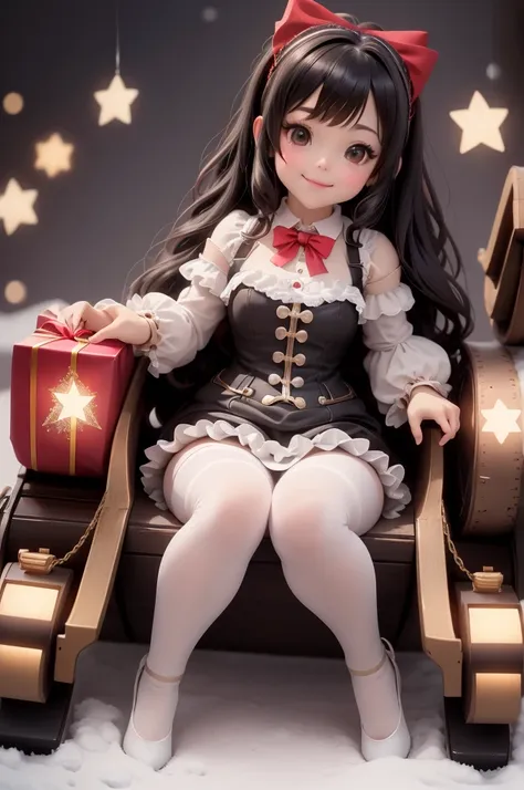 amasterpiece, best quality, 8k, cinematic light, ultra high res, chibi, cute doll smiling sitting on a sleigh, black hair, chris...