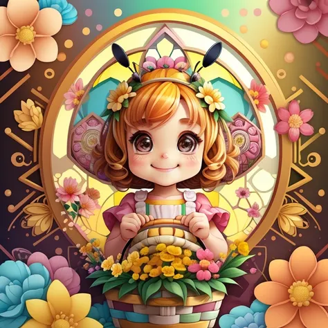 (cute yellow bee smiling with basket of chocolates and flowers) Munchkin ,Geometric multidimensional wall portrait, livro de arte, Tchibi,
Yang08k, Beautiful, Colouring,
Obras, of the highest quality, best quality, Arte Oficial, Beautiful and Aesthetic,