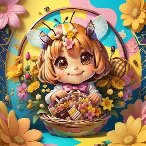 (cute yellow bee smiling with basket of chocolates and flowers) Munchkin ,Geometric multidimensional wall portrait, livro de arte, Tchibi,
Yang08k, Beautiful, Colouring,
Obras, of the highest quality, best quality, Arte Oficial, Beautiful and Aesthetic,