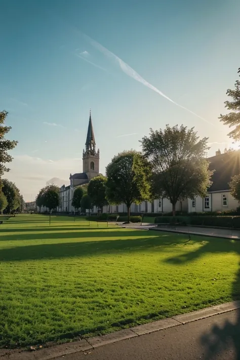 evening,  new houses, Shops, A park, church, light and deserted