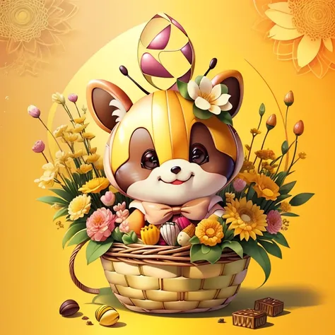 (cute yellow bee smiling with basket of chocolates and flowers) Munchkin ,Geometric multidimensional wall portrait, livro de arte, Tchibi,
Yang08k, Beautiful, Colouring,
Obras, of the highest quality, best quality, Arte Oficial, Beautiful and Aesthetic,